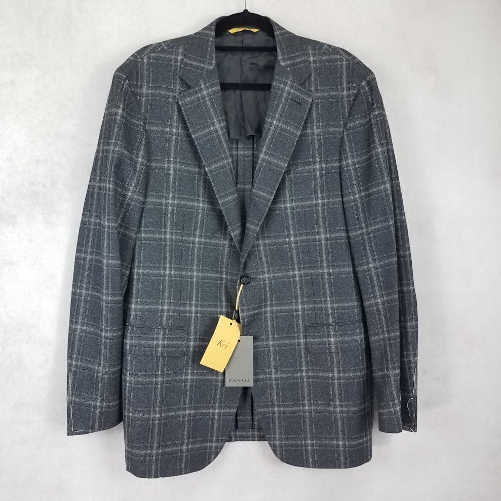 NWT Canali Kei Sport coat Blazer Jacket Wool Gray Windowpane Plaid 56L Mens Fall